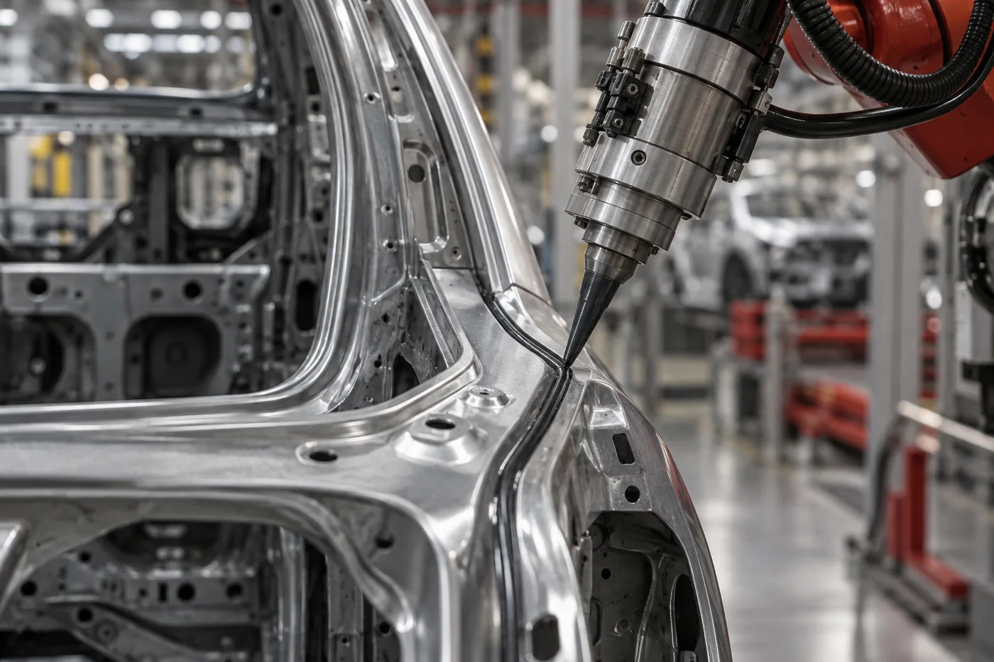 Illustration of robotic adhesive dispensing along an automotive body seam