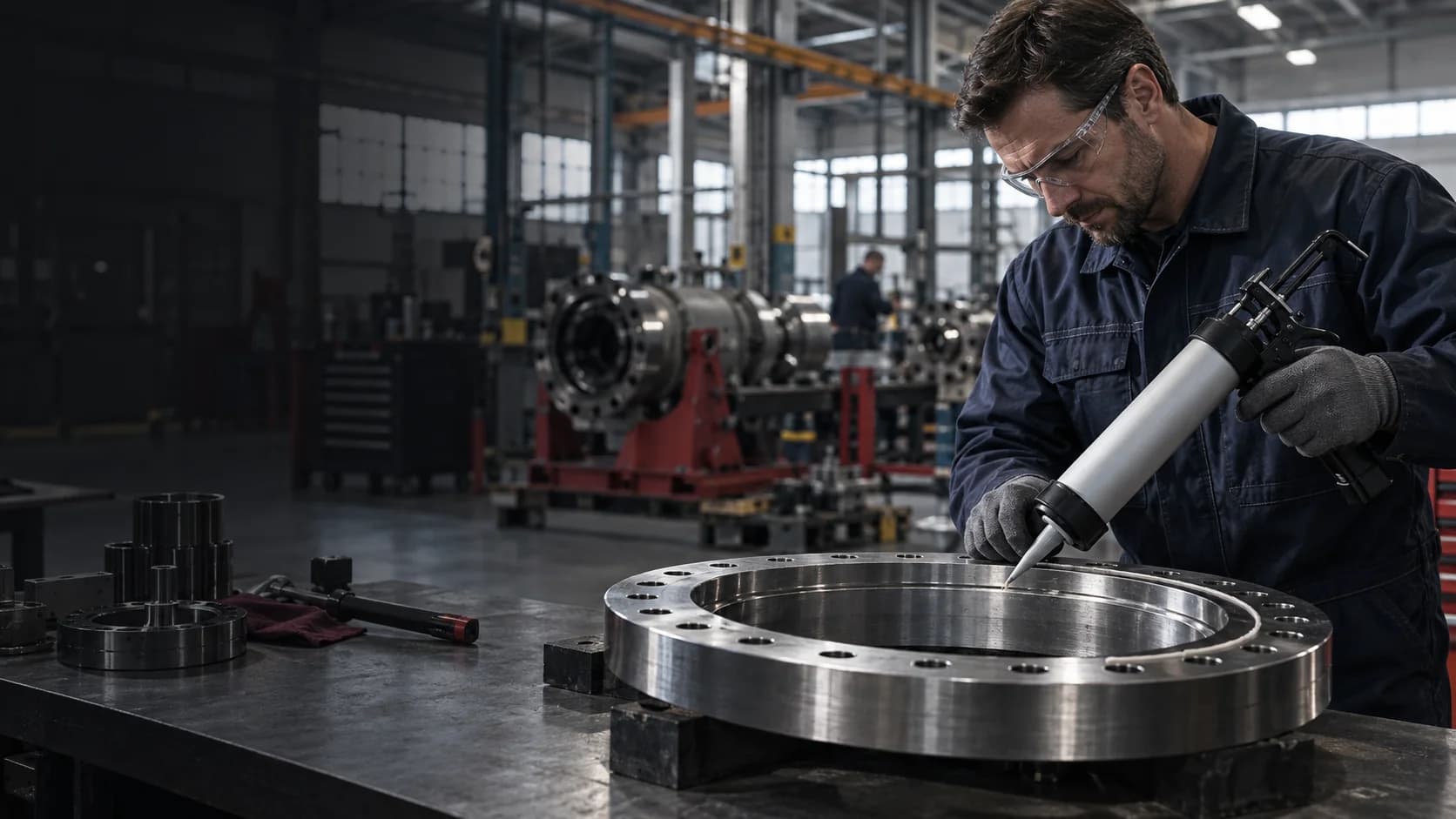 Illustration of adhesive application on a machined flange in an industrial workshop